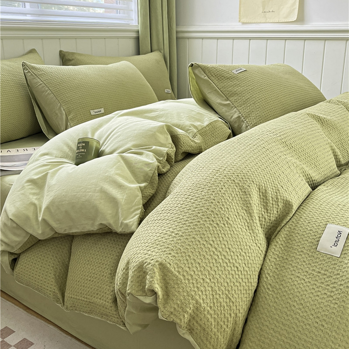 91家纺网 家纺一手货源 找家纺 琪格格纺织 2026新款纯棉纯棉色织肌理纹提花华夫格纯棉轻奢简约款四件套 华夫格-黄绿色