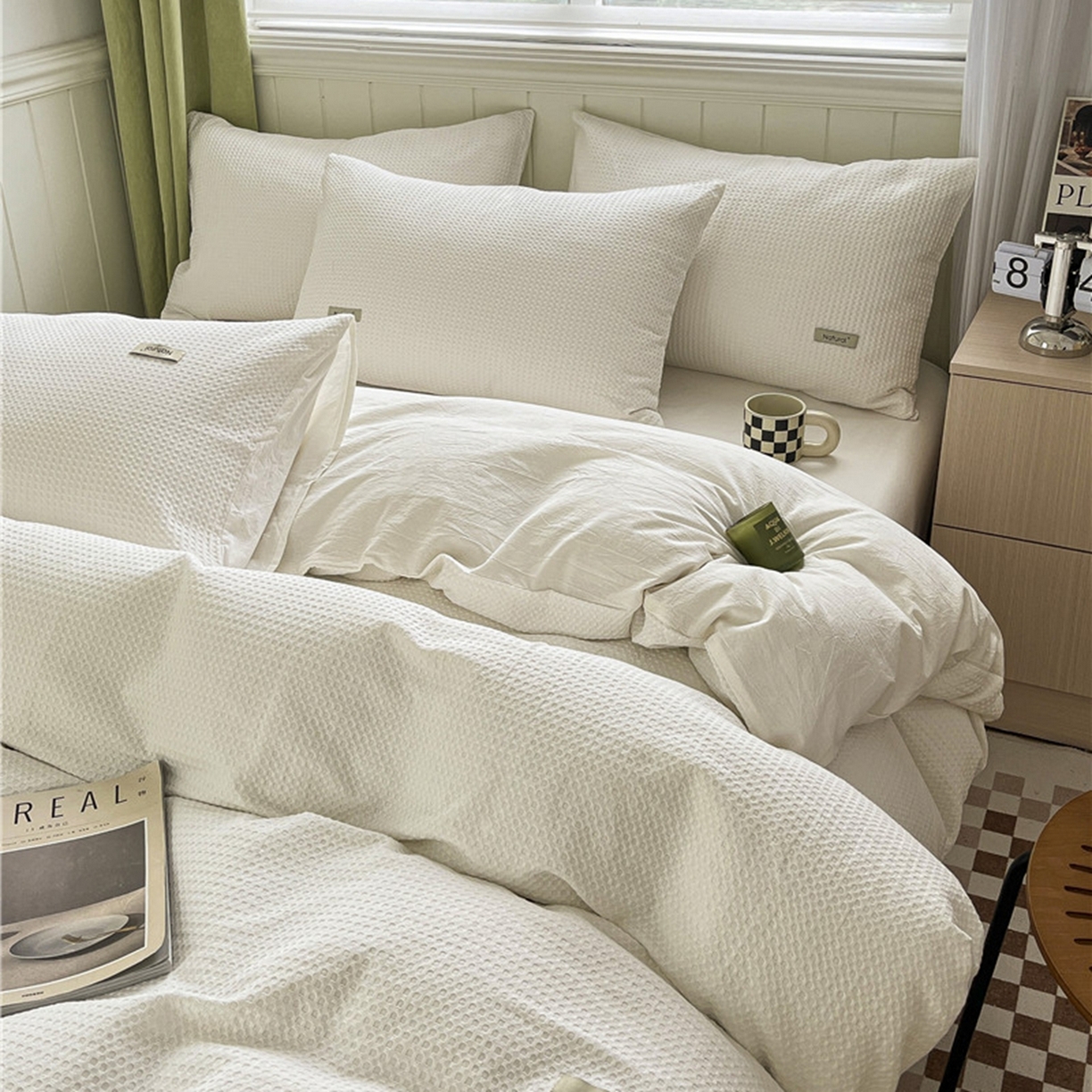 91家纺网 家纺一手货源 找家纺 琪格格纺织 2026新款纯棉纯棉色织肌理纹提花华夫格纯棉轻奢简约款四件套 华夫格-本白