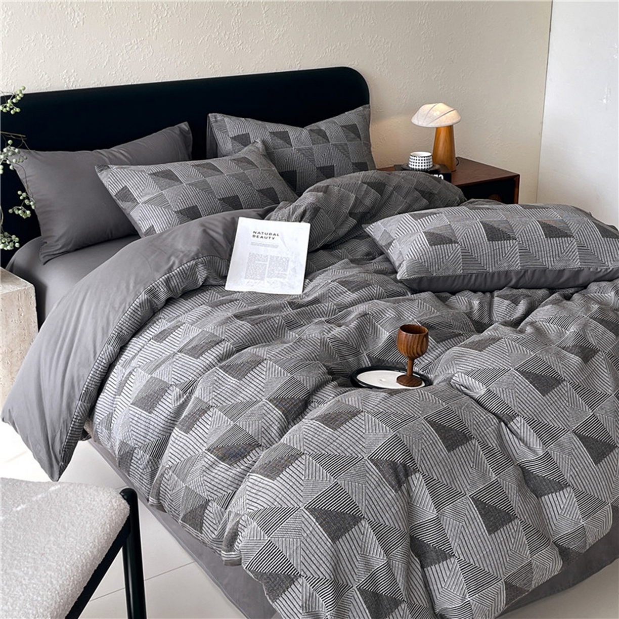 91家纺网 家纺一手货源 找家纺 琪格格纺织 2026新款纯棉纯棉色织肌理纹提花华夫格纯棉轻奢简约款四件套 柏林-炭石灰