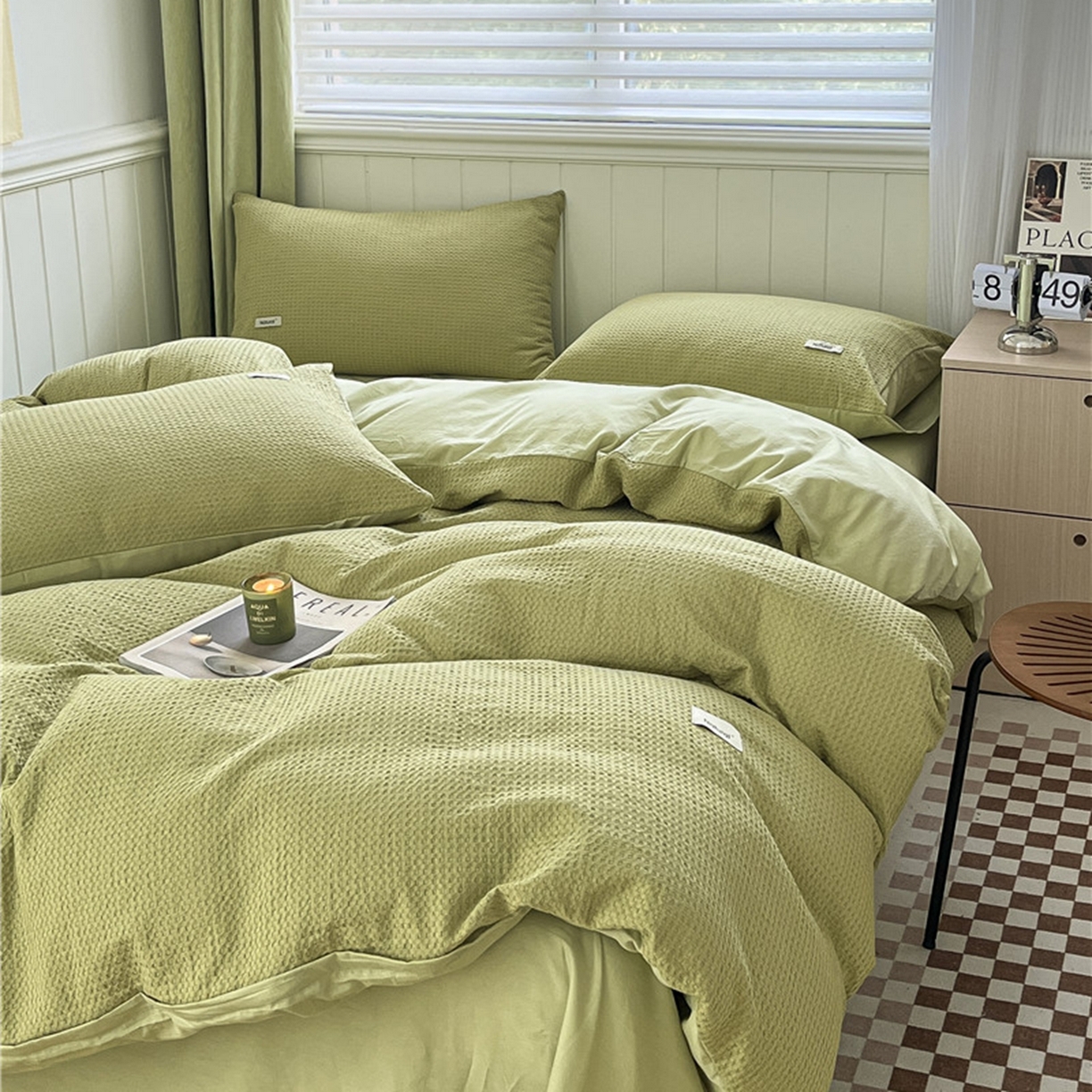 91家纺网 家纺一手货源 找家纺 琪格格纺织 2026新款纯棉纯棉色织肌理纹提花华夫格纯棉轻奢简约款四件套 华夫格-黄绿色