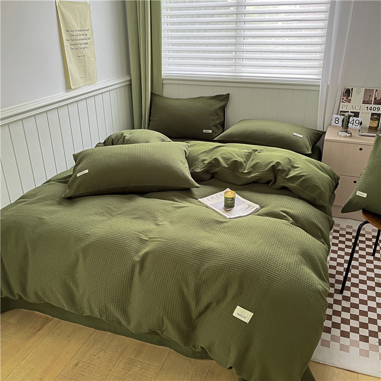 91家纺网 家纺一手货源 找家纺 琪格格纺织 2026新款纯棉纯棉色织肌理纹提花华夫格纯棉轻奢简约款四件套 华夫格-橄榄绿