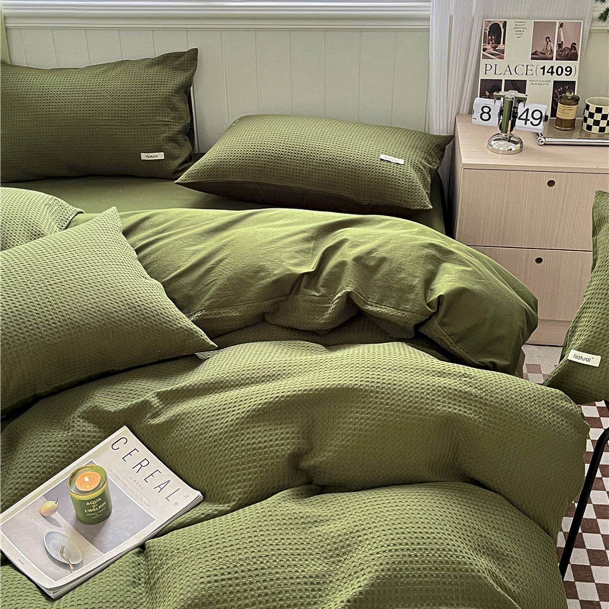 91家纺网 家纺一手货源 找家纺 琪格格纺织 2026新款纯棉纯棉色织肌理纹提花华夫格纯棉轻奢简约款四件套 华夫格-橄榄绿