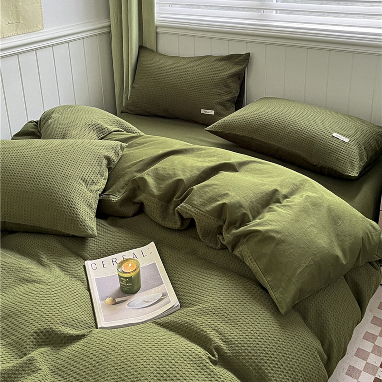 91家纺网 家纺一手货源 找家纺 琪格格纺织 2026新款纯棉纯棉色织肌理纹提花华夫格纯棉轻奢简约款四件套 华夫格-橄榄绿