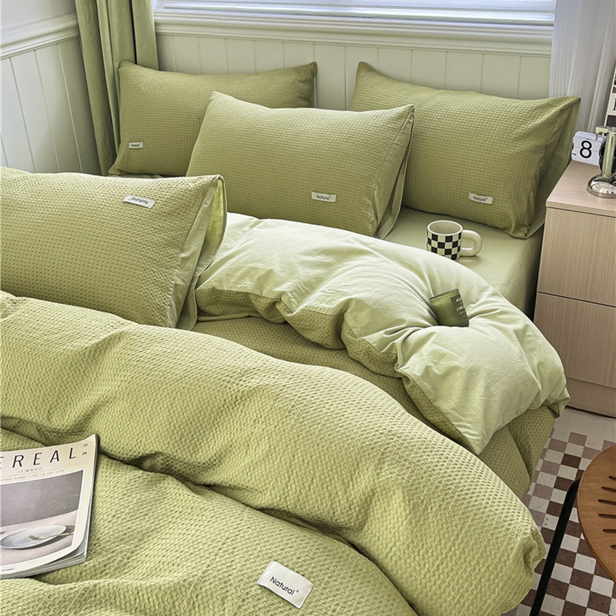 91家纺网 家纺一手货源 找家纺 琪格格纺织 2026新款纯棉纯棉色织肌理纹提花华夫格纯棉轻奢简约款四件套 华夫格-黄绿色