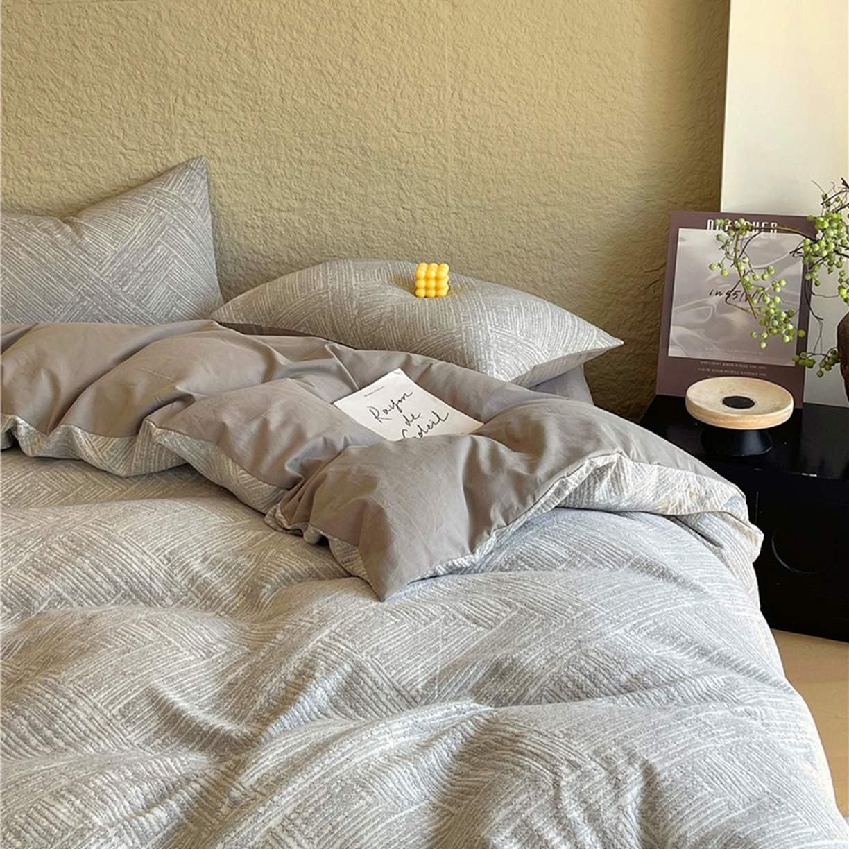 91家纺网 家纺一手货源 找家纺 琪格格纺织 2026新款纯棉纯棉色织肌理纹提花华夫格纯棉轻奢简约款四件套 简奢-浅灰