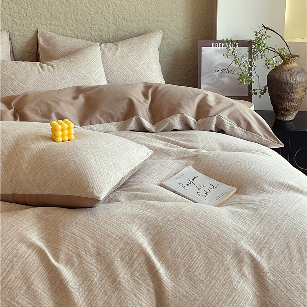 91家纺网 家纺一手货源 找家纺 琪格格纺织 2026新款纯棉纯棉色织肌理纹提花华夫格纯棉轻奢简约款四件套 简奢-可可棕