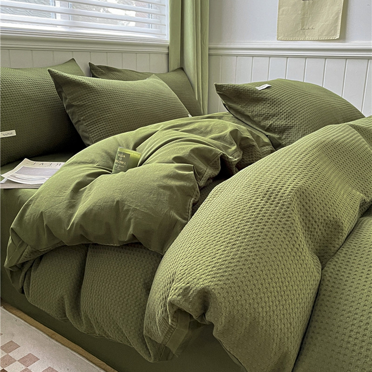 91家纺网 家纺一手货源 找家纺 琪格格纺织 2026新款纯棉纯棉色织肌理纹提花华夫格纯棉轻奢简约款四件套 华夫格-橄榄绿