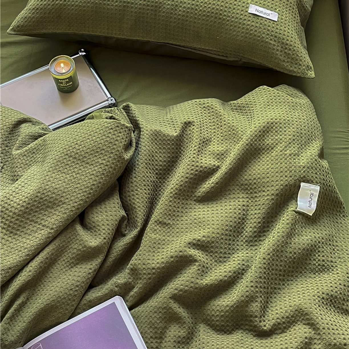 91家纺网 家纺一手货源 找家纺 琪格格纺织 2026新款纯棉纯棉色织肌理纹提花华夫格纯棉轻奢简约款四件套 华夫格-橄榄绿