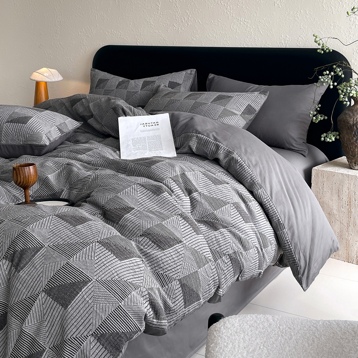 琪格格纺织 2026新款纯棉纯棉色织肌理纹提花华夫格纯棉轻奢简约款四件套 柏林-炭石灰