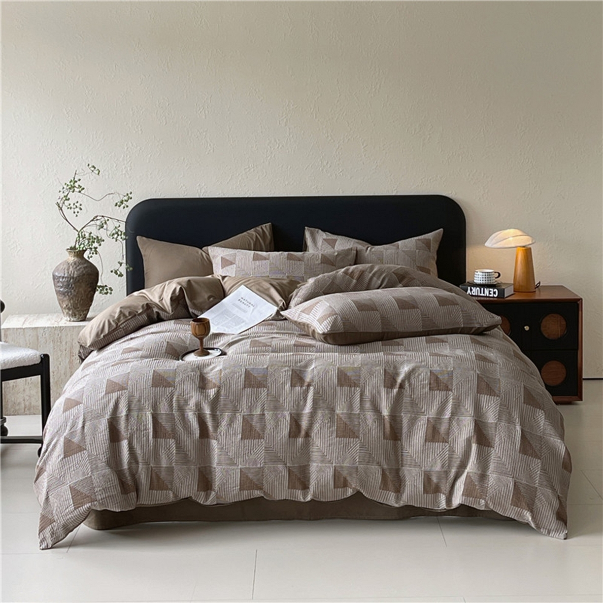 91家纺网 家纺一手货源 找家纺 琪格格纺织 2026新款纯棉纯棉色织肌理纹提花华夫格纯棉轻奢简约款四件套 柏林-雪茄棕