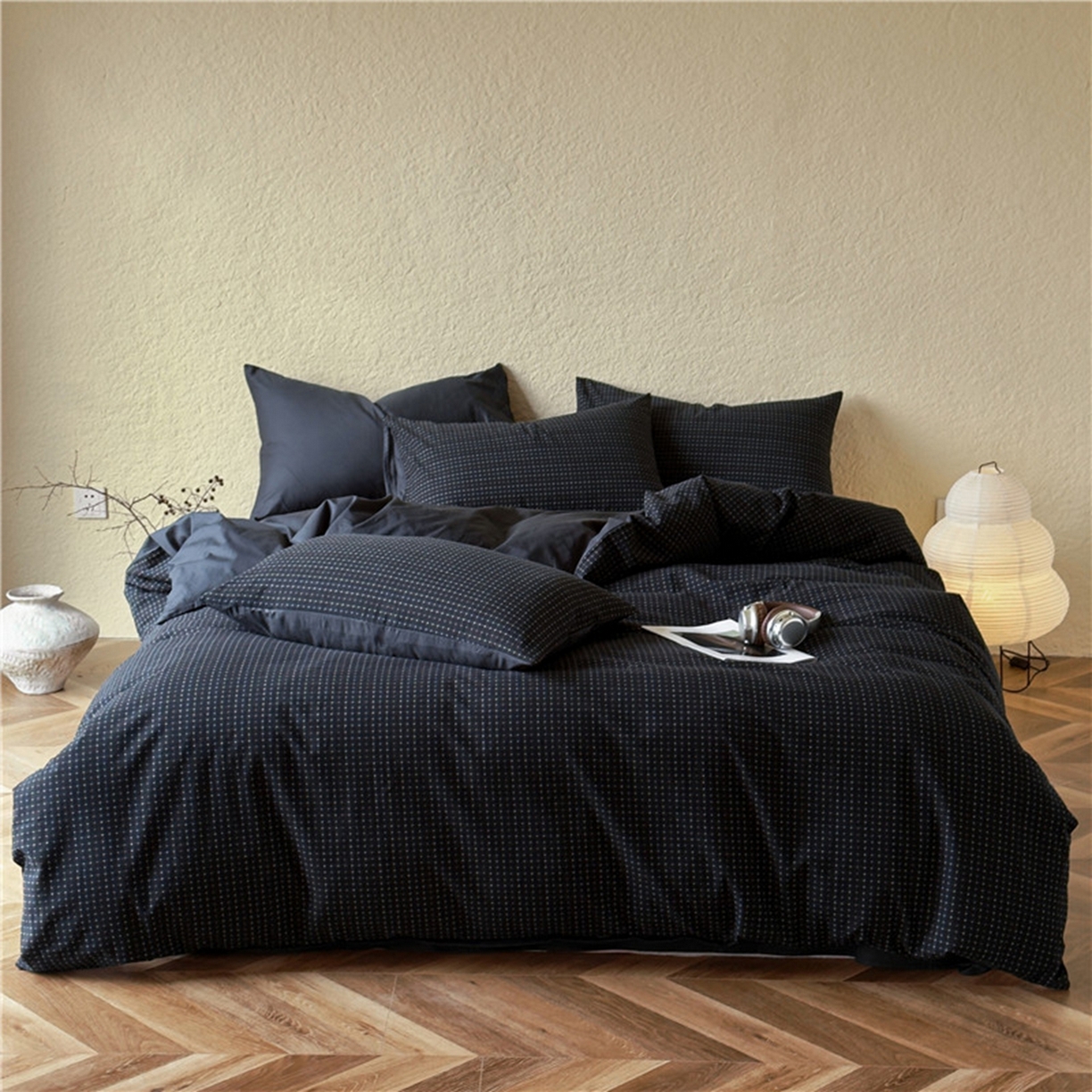 91家纺网 家纺一手货源 找家纺 琪格格纺织 2026新款纯棉纯棉色织肌理纹提花华夫格纯棉轻奢简约款四件套 时光里-高级蓝黑