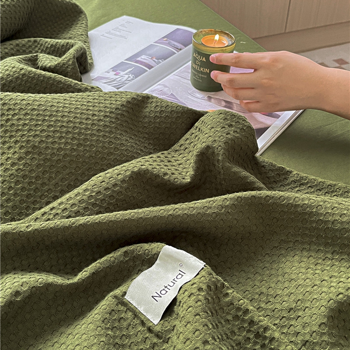 91家纺网 家纺一手货源 找家纺 琪格格纺织 2026新款纯棉纯棉色织肌理纹提花华夫格纯棉轻奢简约款四件套 华夫格-橄榄绿