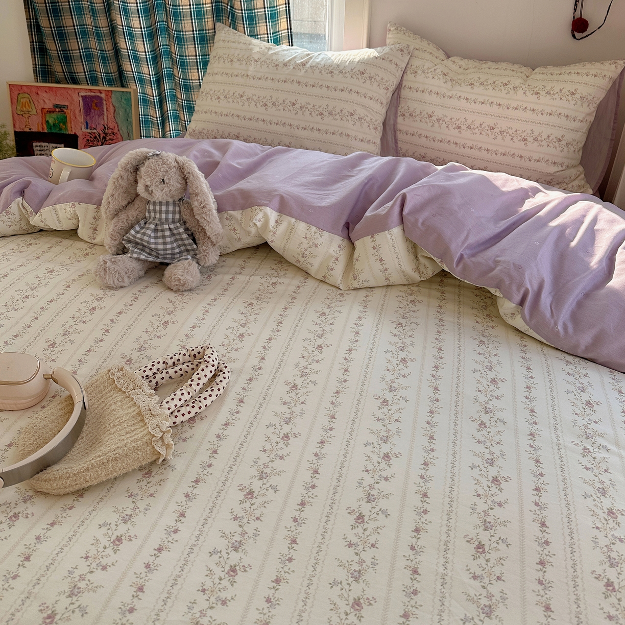 91家纺网 家纺一手货源 找家纺 XIWEN-希文家纺 2026春夏新款40支全棉纯棉13372小清新印花四件套 含羞草