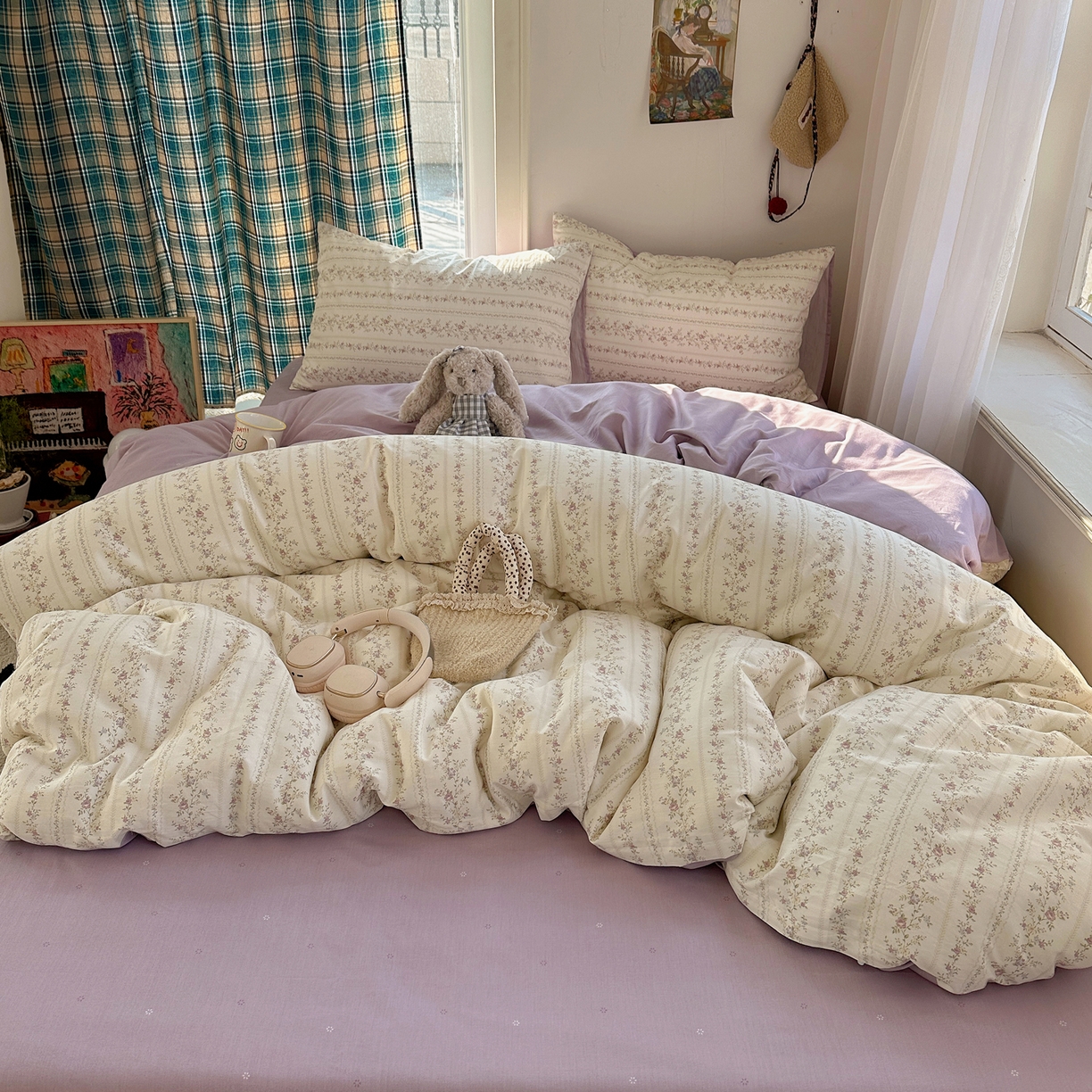 91家纺网 家纺一手货源 找家纺 XIWEN-希文家纺 2026春夏新款40支全棉纯棉13372小清新印花四件套 含羞草