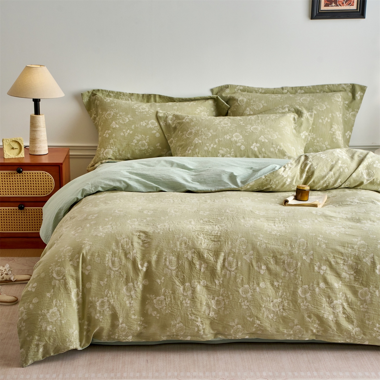 91家纺网 家纺一手货源 找家纺 兰紫橙家纺 2026春夏新款全棉纯棉色织提花四件套 晨曦花语-抹茶绿