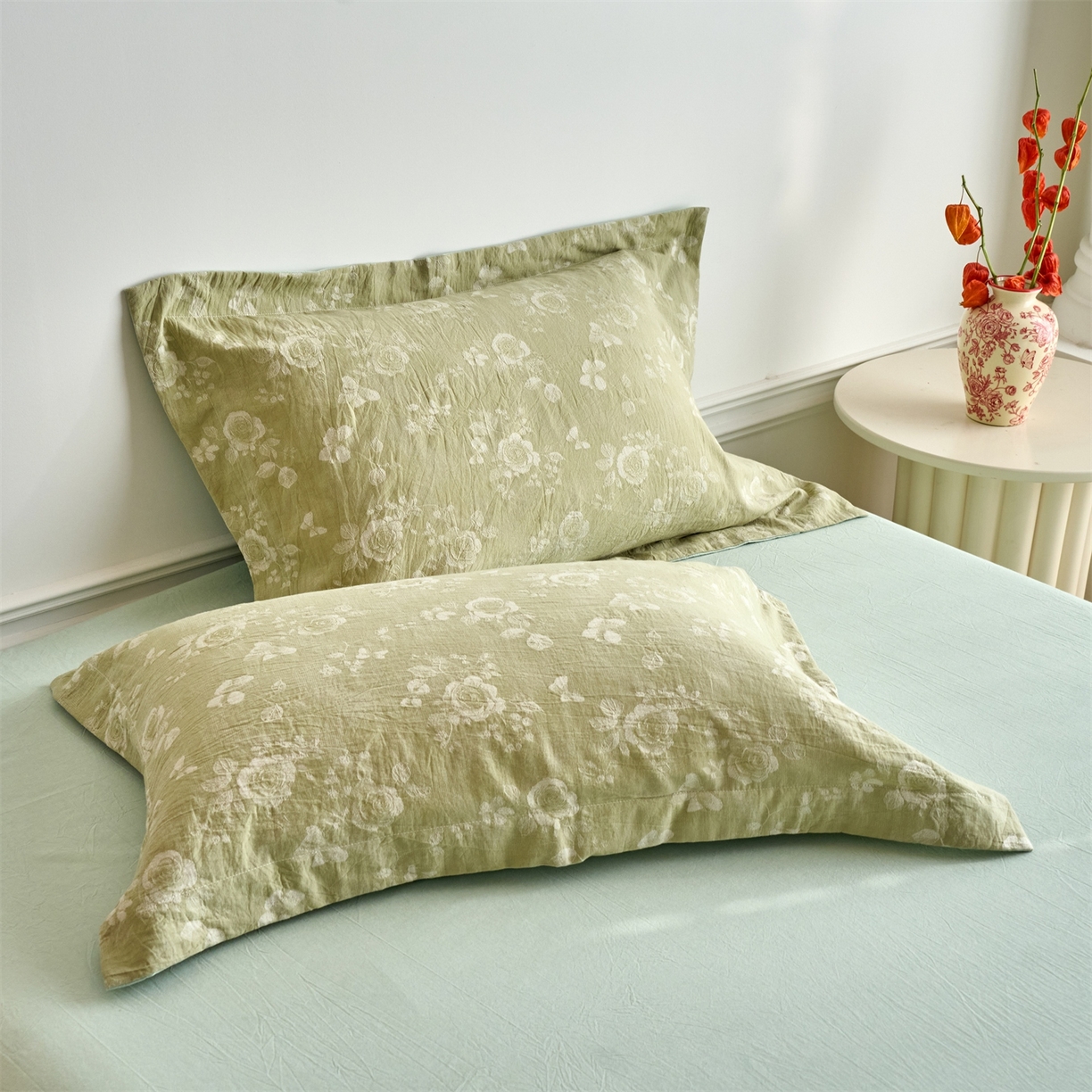 91家纺网 家纺一手货源 找家纺 兰紫橙家纺 2026春夏新款全棉纯棉色织提花四件套 晨曦花语-抹茶绿