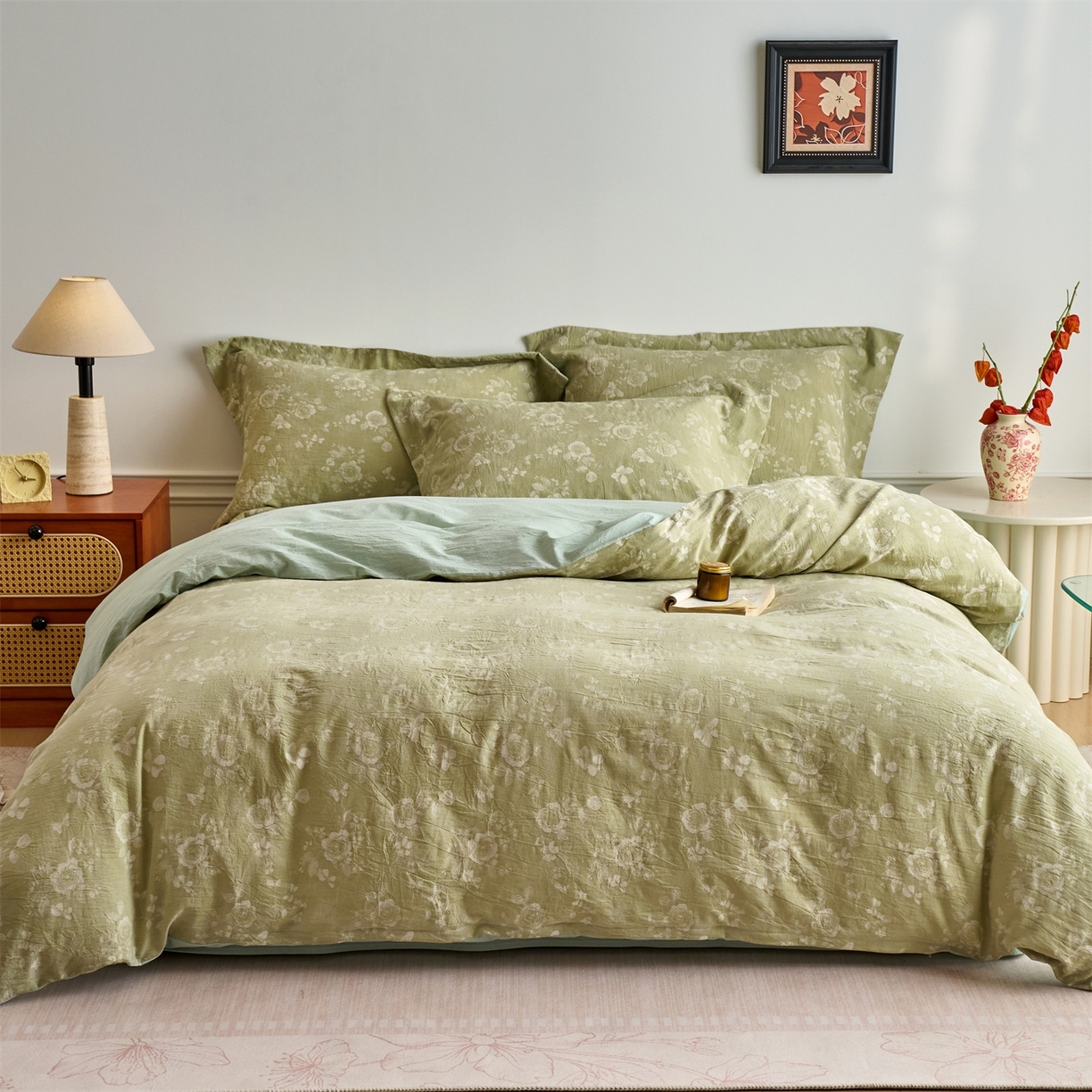 91家纺网 家纺一手货源 找家纺 兰紫橙家纺 2026春夏新款全棉纯棉色织提花四件套 晨曦花语-抹茶绿