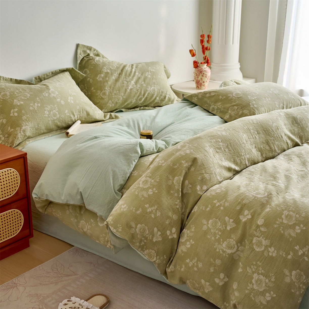 91家纺网 家纺一手货源 找家纺 兰紫橙家纺 2026春夏新款全棉纯棉色织提花四件套 晨曦花语-抹茶绿