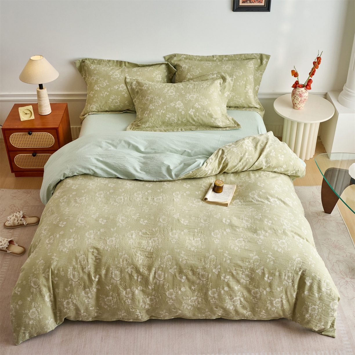 91家纺网 家纺一手货源 找家纺 兰紫橙家纺 2026春夏新款全棉纯棉色织提花四件套 晨曦花语-抹茶绿