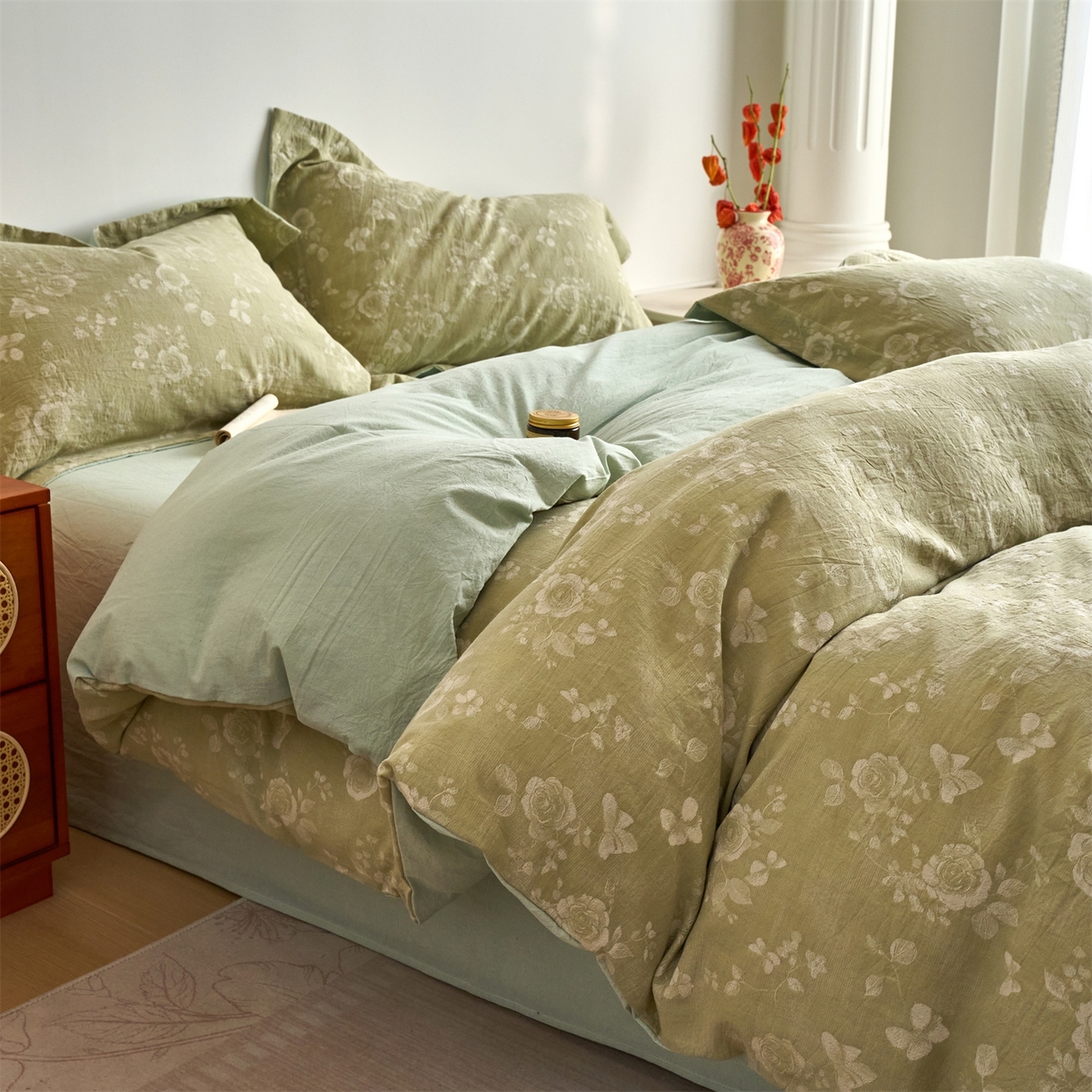 91家纺网 家纺一手货源 找家纺 兰紫橙家纺 2026春夏新款全棉纯棉色织提花四件套 晨曦花语-抹茶绿