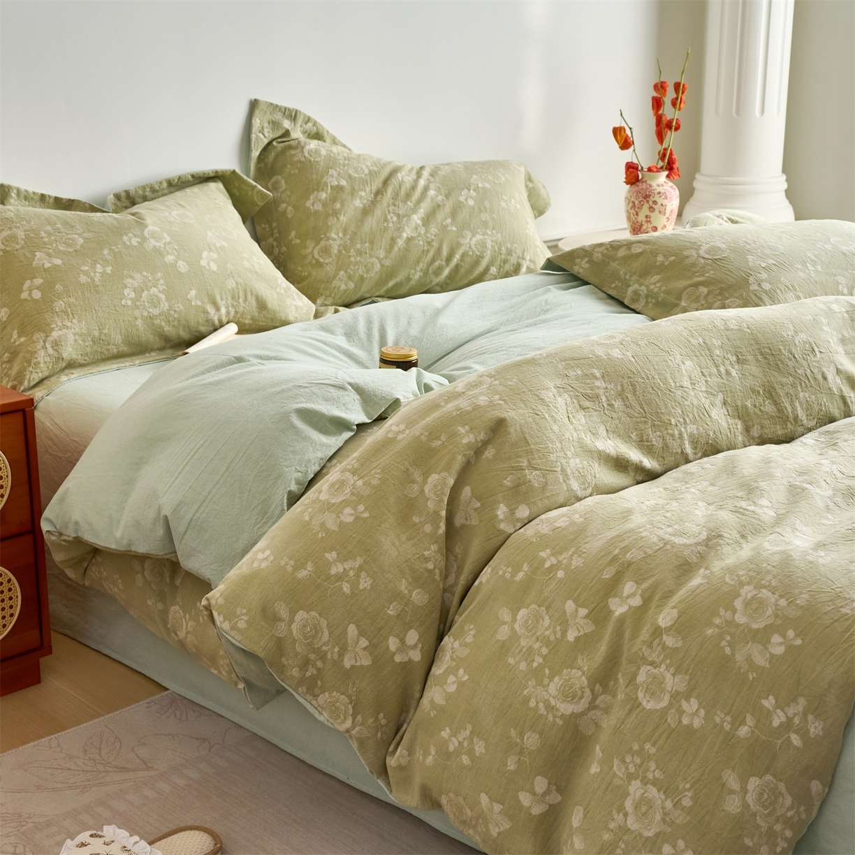 91家纺网 家纺一手货源 找家纺 兰紫橙家纺 2026春夏新款全棉纯棉色织提花四件套 晨曦花语-抹茶绿