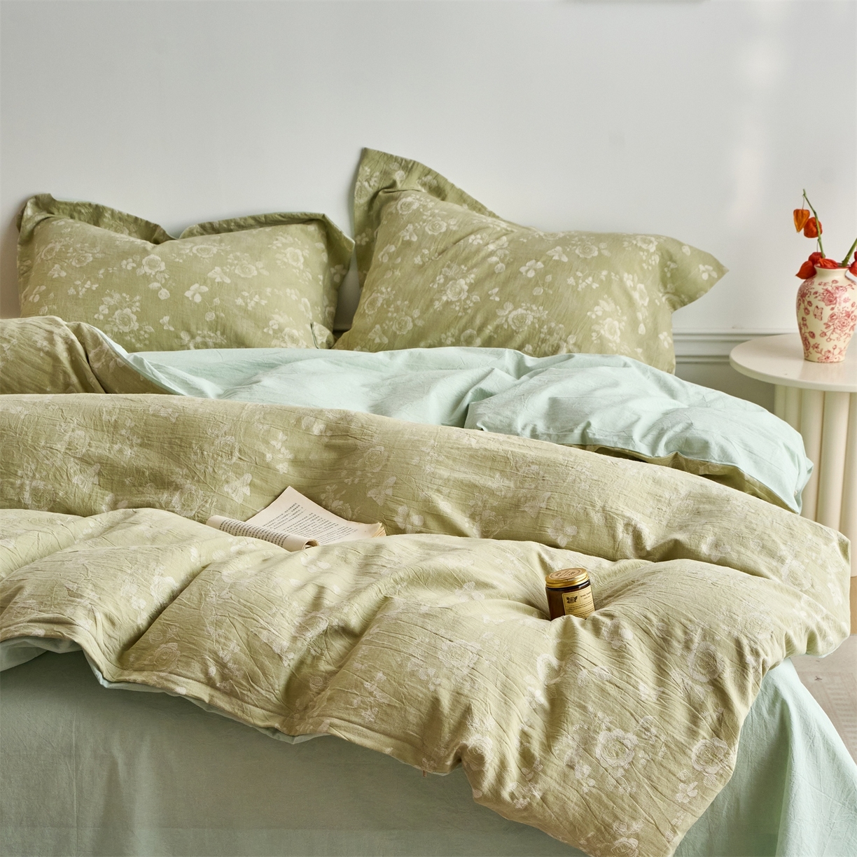 91家纺网 家纺一手货源 找家纺 兰紫橙家纺 2026春夏新款全棉纯棉色织提花四件套 晨曦花语-抹茶绿