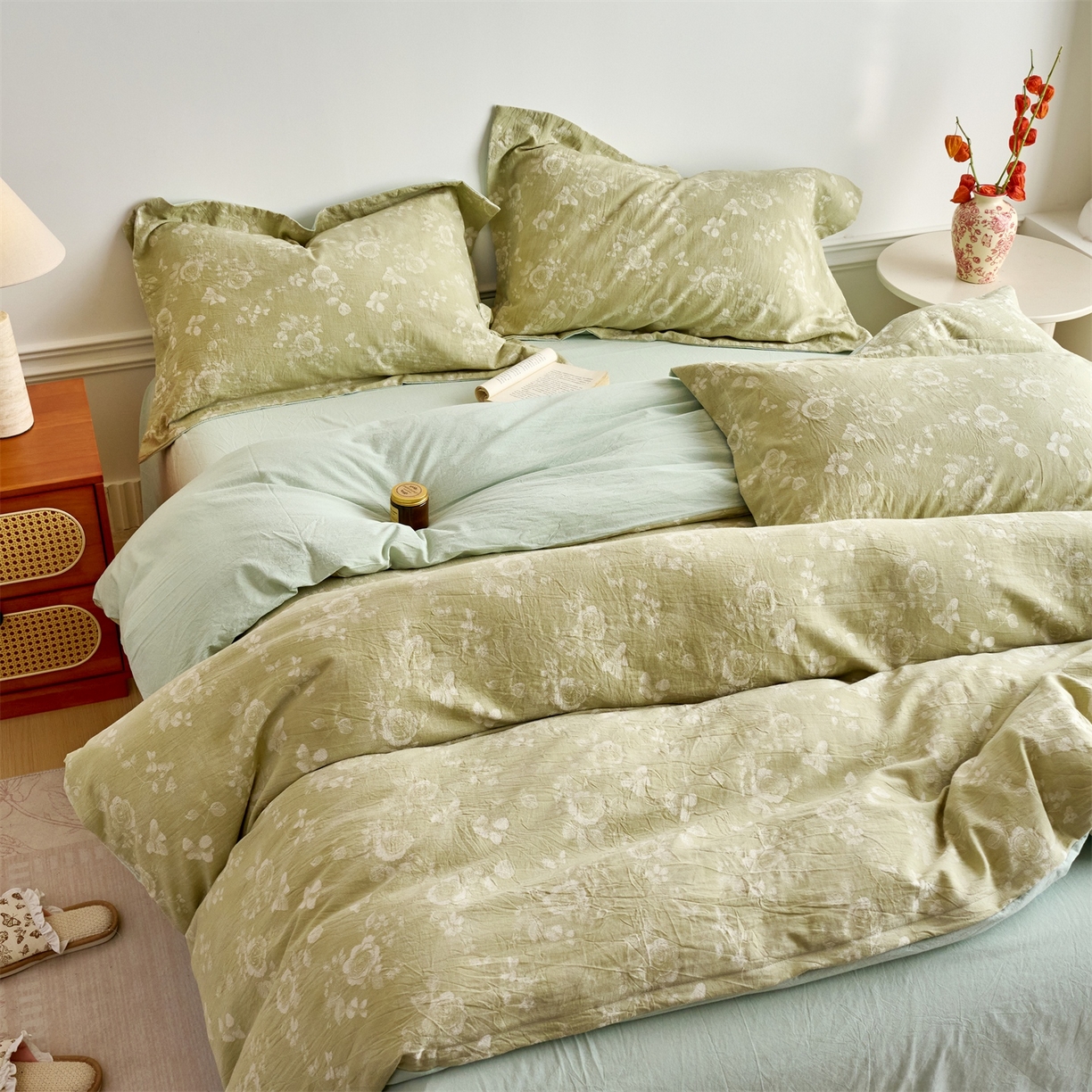 91家纺网 家纺一手货源 找家纺 兰紫橙家纺 2026春夏新款全棉纯棉色织提花四件套 晨曦花语-抹茶绿