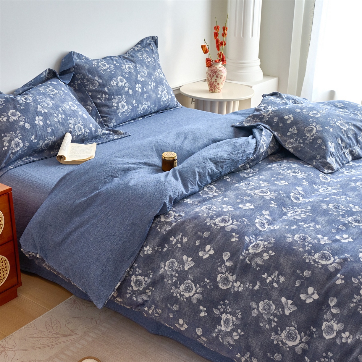 91家纺网 家纺一手货源 找家纺 兰紫橙家纺 2026春夏新款全棉纯棉色织提花四件套 浮梦花影-牛仔蓝