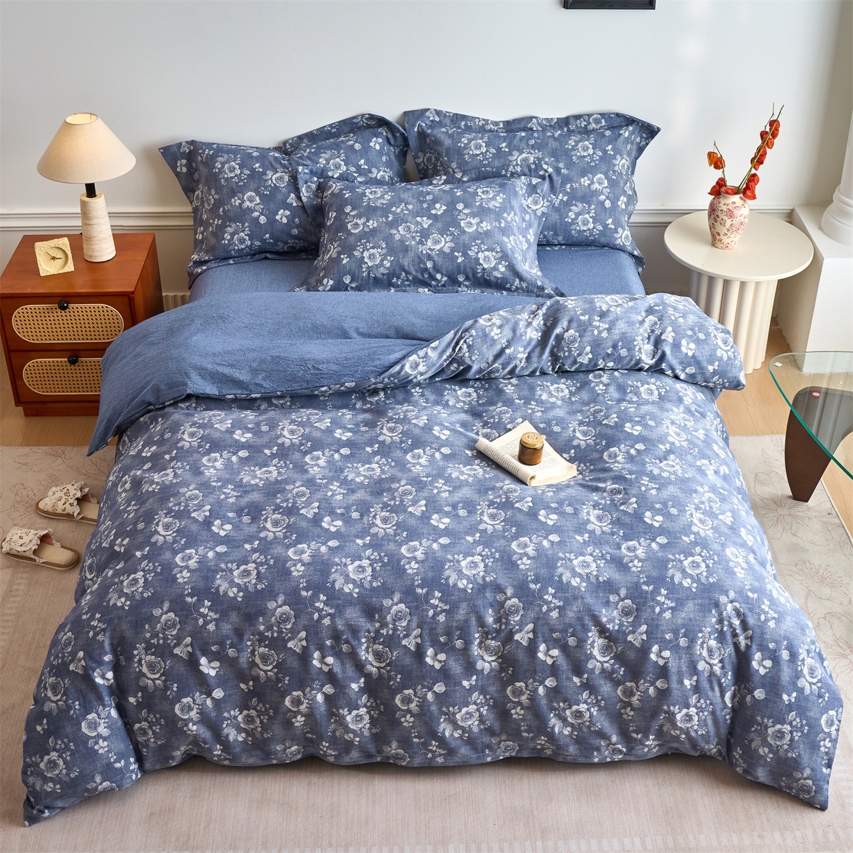 91家纺网 家纺一手货源 找家纺 兰紫橙家纺 2026春夏新款全棉纯棉色织提花四件套 浮梦花影-牛仔蓝