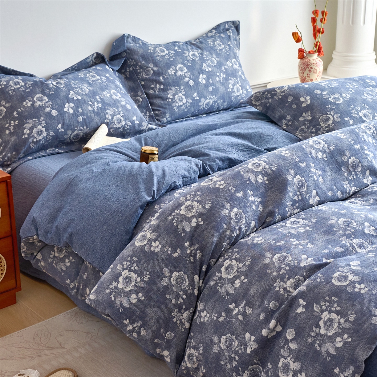 91家纺网 家纺一手货源 找家纺 兰紫橙家纺 2026春夏新款全棉纯棉色织提花四件套 浮梦花影-牛仔蓝