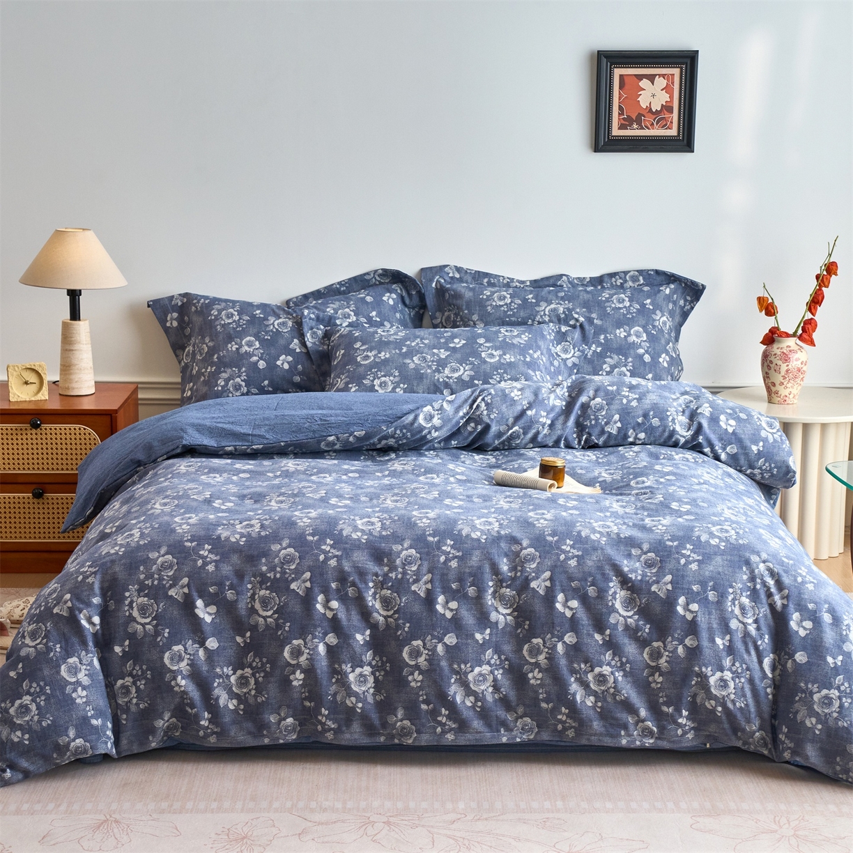 91家纺网 家纺一手货源 找家纺 兰紫橙家纺 2026春夏新款全棉纯棉色织提花四件套 浮梦花影-牛仔蓝