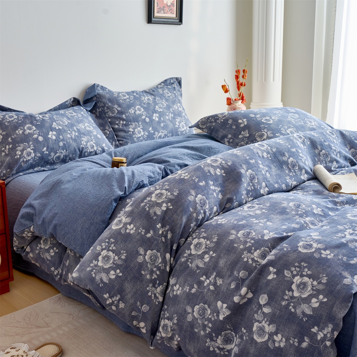 91家纺网 家纺一手货源 找家纺 兰紫橙家纺 2026春夏新款全棉纯棉色织提花四件套 浮梦花影-牛仔蓝