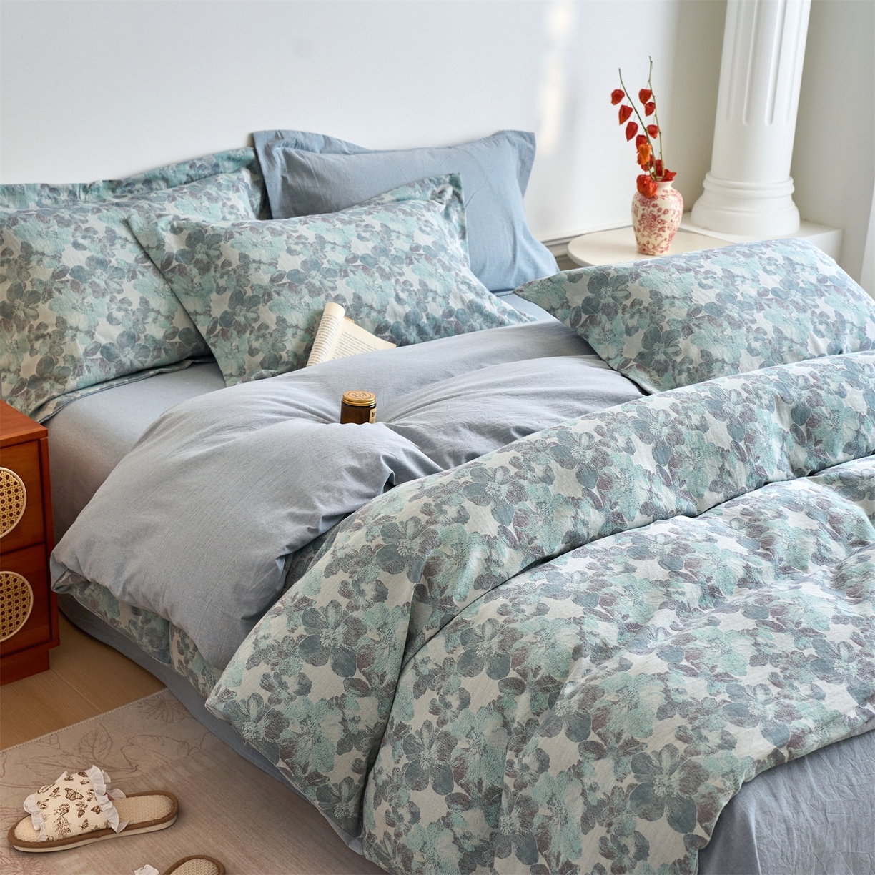 兰紫橙家纺 2026春夏新款全棉纯棉色织提花四件套 花开漫漫-浅蓝