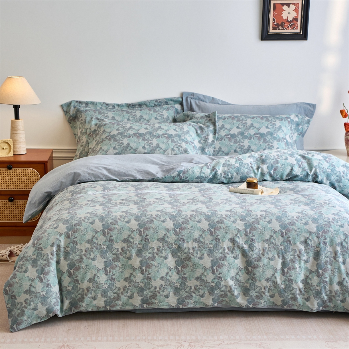 91家纺网 家纺一手货源 找家纺 兰紫橙家纺 2026春夏新款全棉纯棉色织提花四件套 花开漫漫-浅蓝