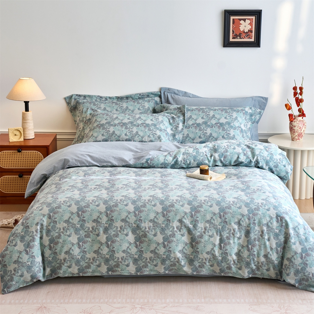 91家纺网 家纺一手货源 找家纺 兰紫橙家纺 2026春夏新款全棉纯棉色织提花四件套 花开漫漫-浅蓝