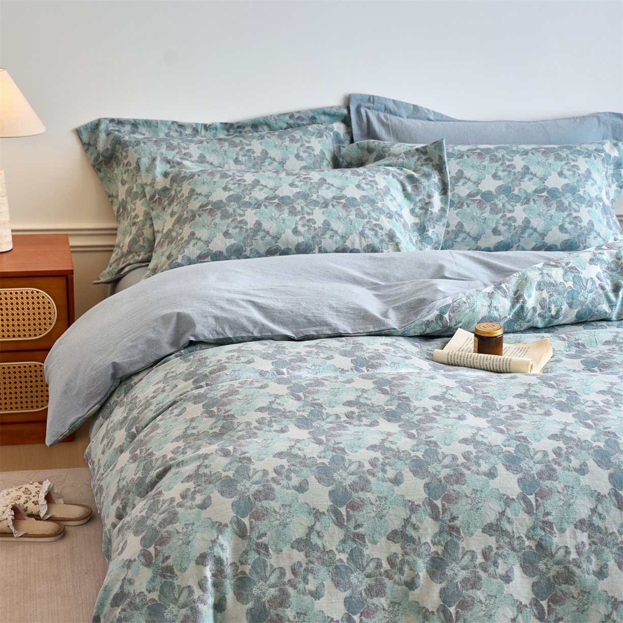 91家纺网 家纺一手货源 找家纺 兰紫橙家纺 2026春夏新款全棉纯棉色织提花四件套 花开漫漫-浅蓝