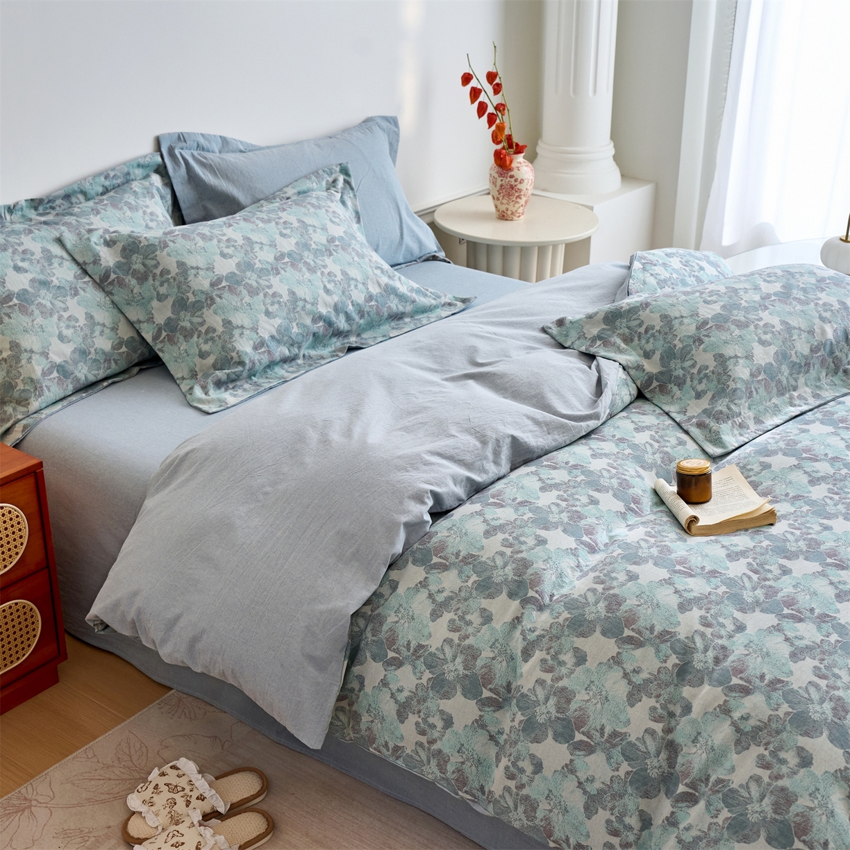 91家纺网 家纺一手货源 找家纺 兰紫橙家纺 2026春夏新款全棉纯棉色织提花四件套 花开漫漫-浅蓝