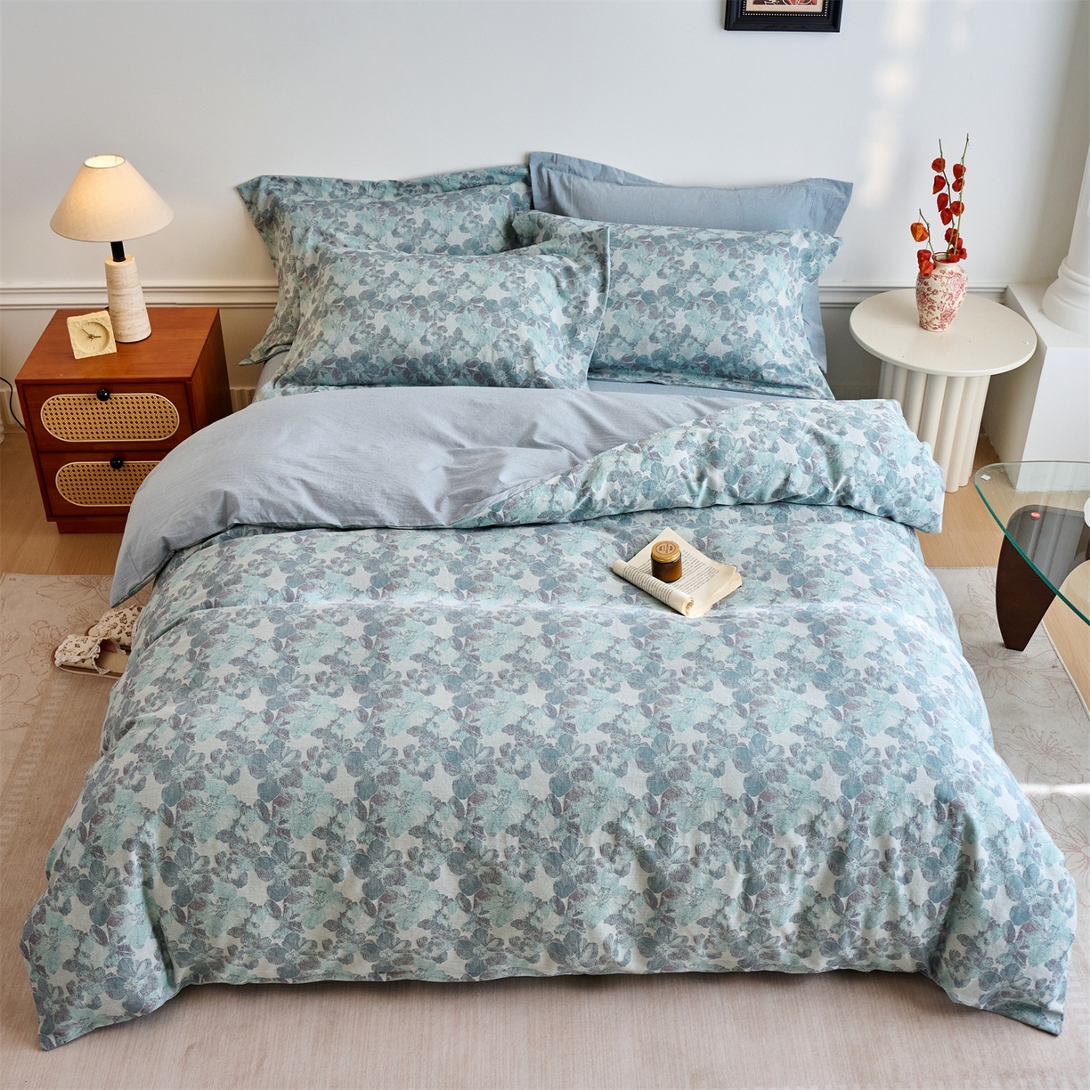 91家纺网 家纺一手货源 找家纺 兰紫橙家纺 2026春夏新款全棉纯棉色织提花四件套 花开漫漫-浅蓝