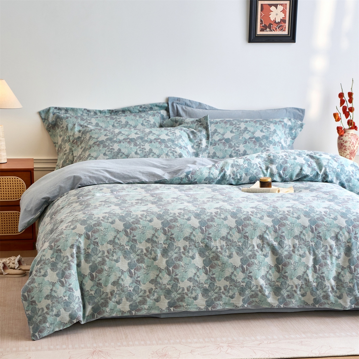 91家纺网 家纺一手货源 找家纺 兰紫橙家纺 2026春夏新款全棉纯棉色织提花四件套 花开漫漫-浅蓝