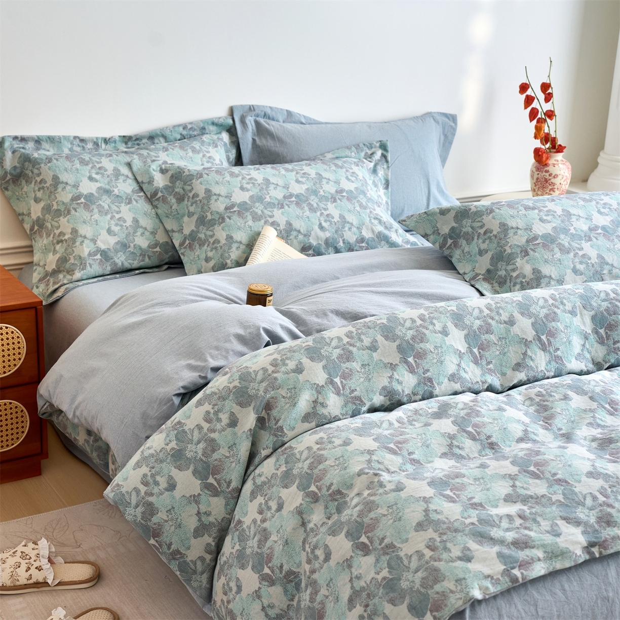 91家纺网 家纺一手货源 找家纺 兰紫橙家纺 2026春夏新款全棉纯棉色织提花四件套 花开漫漫-浅蓝