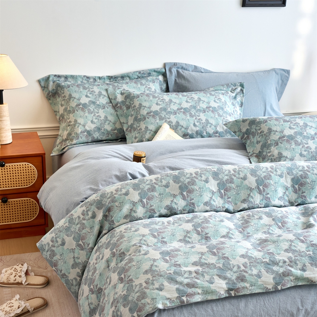 91家纺网 家纺一手货源 找家纺 兰紫橙家纺 2026春夏新款全棉纯棉色织提花四件套 花开漫漫-浅蓝