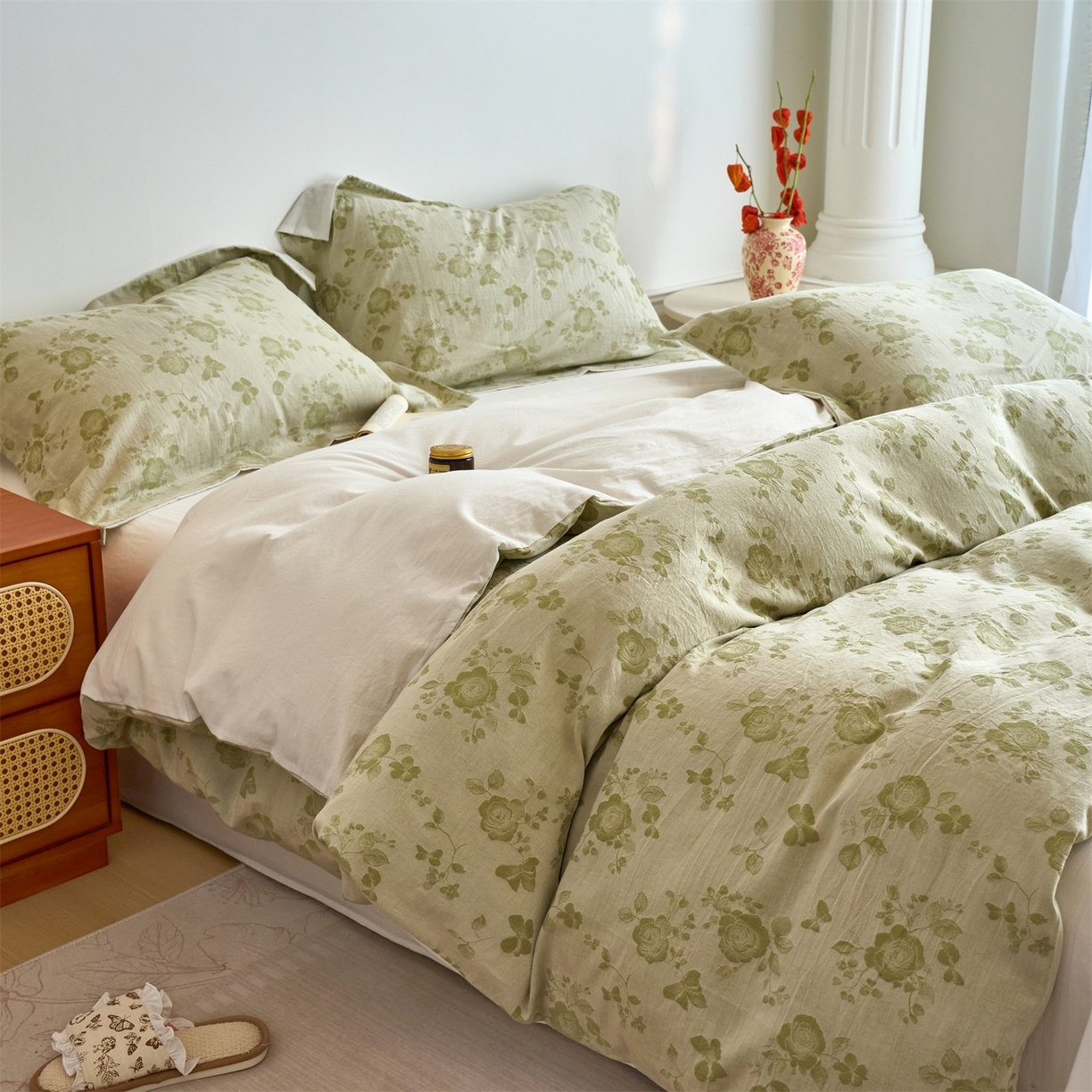 91家纺网 家纺一手货源 找家纺 兰紫橙家纺 2026春夏新款全棉纯棉色织提花四件套 花样年华-奶白