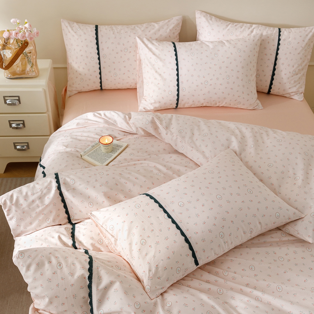 91家纺网 家纺一手货源 找家纺 （总）女子家纺 2026新款40支13070全棉纯棉斜纹印花蕾丝四件套