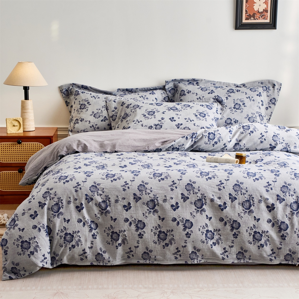 91家纺网 家纺一手货源 找家纺 兰紫橙家纺 2026春夏新款全棉纯棉色织提花四件套 玫瑰之恋-浅灰