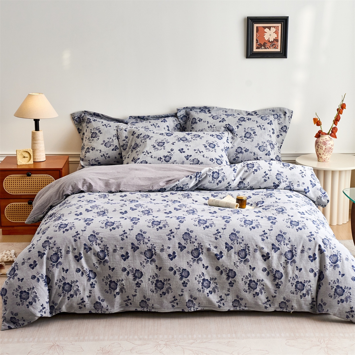 91家纺网 家纺一手货源 找家纺 兰紫橙家纺 2026春夏新款全棉纯棉色织提花四件套 玫瑰之恋-浅灰