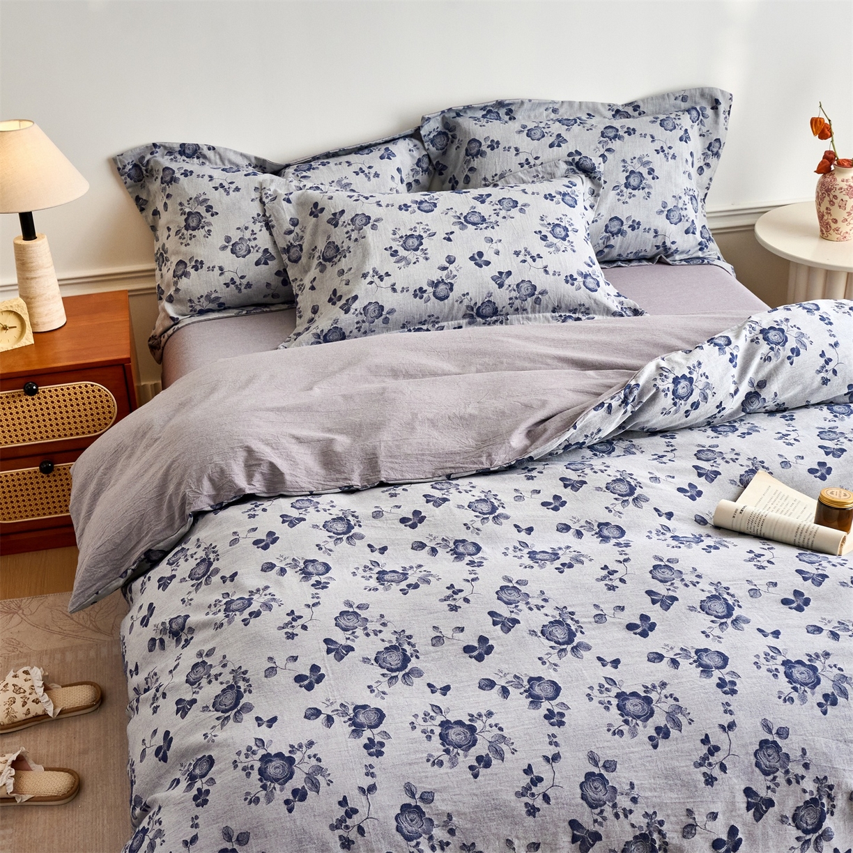 91家纺网 家纺一手货源 找家纺 兰紫橙家纺 2026春夏新款全棉纯棉色织提花四件套 玫瑰之恋-浅灰