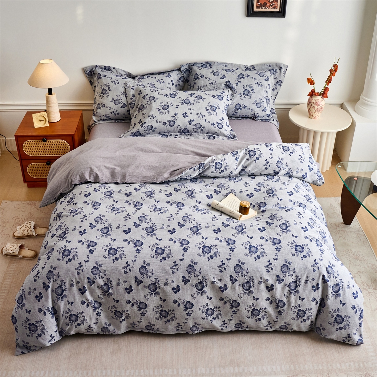 91家纺网 家纺一手货源 找家纺 兰紫橙家纺 2026春夏新款全棉纯棉色织提花四件套 玫瑰之恋-浅灰