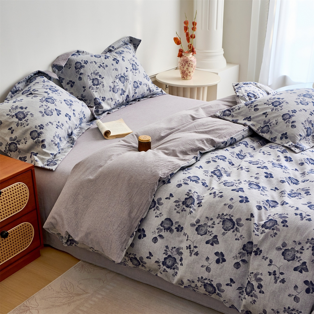 91家纺网 家纺一手货源 找家纺 兰紫橙家纺 2026春夏新款全棉纯棉色织提花四件套 玫瑰之恋-浅灰