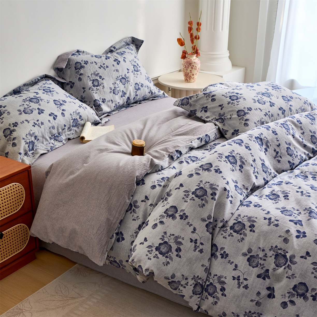 91家纺网 家纺一手货源 找家纺 兰紫橙家纺 2026春夏新款全棉纯棉色织提花四件套 玫瑰之恋-浅灰