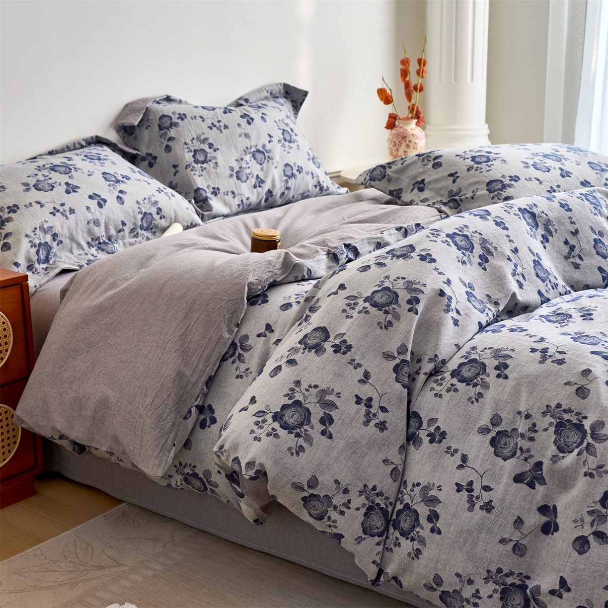 91家纺网 家纺一手货源 找家纺 兰紫橙家纺 2026春夏新款全棉纯棉色织提花四件套 玫瑰之恋-浅灰